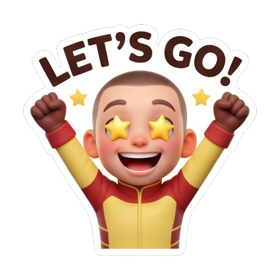 Pilot boy raising arms with star eyes, excited let's go expression. Cool Pilot Adventures sticker for expressive chats and social replies.