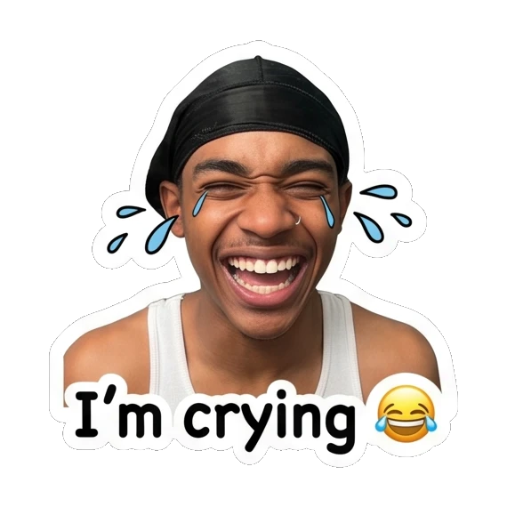 Young man laughing with tears and text I'm crying. Daily Vibes of a Durag Guy sticker for expressive chats and social replies.