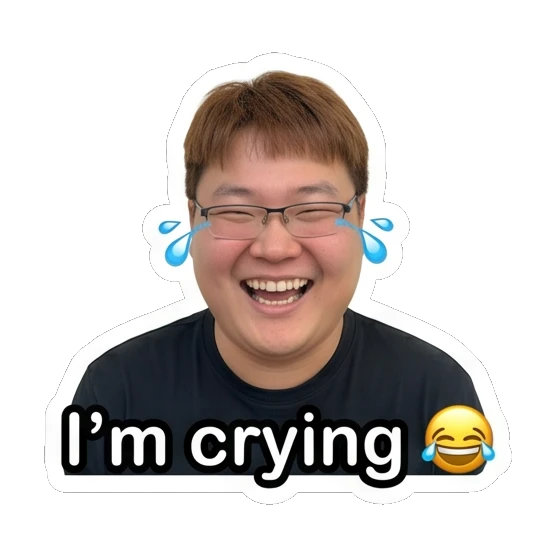 Man with glasses laughing with tears and text I'm crying Daily Life of a Friendly Guy sticker for expressive chats and social replies.