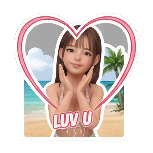 Girl framing face with heart shape hands saying LUV U Summer Beach Girl Vibes sticker for expressive chats and social replies.