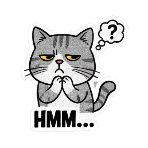 Grey cat thinking with a question mark bubble with text HMM... Grumpy Grey Cat Daily Moods sticker for expressive chats and social replies.