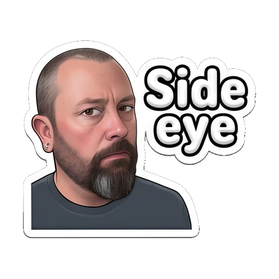 Bearded man looking sideways with a skeptical expression. Bearded Guy Daily Vibes sticker for expressive chats and social replies.