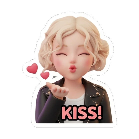 金发女孩嘟嘴飞吻，表情浪漫，文字KISS! Blonde Rocker Girl Daily sticker for expressive chats and social replies.
