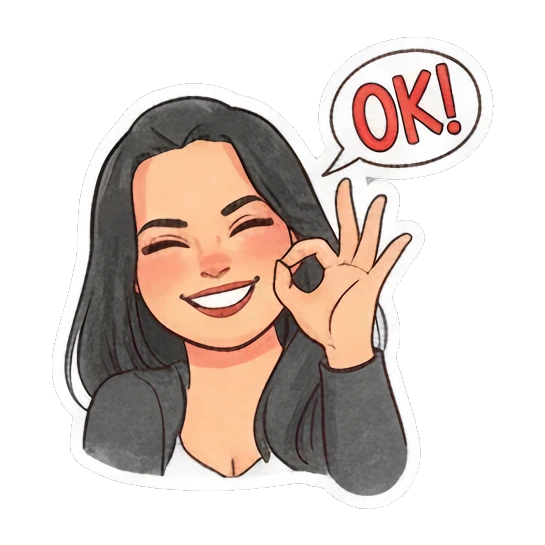 Young woman smiling and making an OK hand gesture with 'OK!' text. Modern Girl Daily Expressions sticker for expressive chats and social replies.