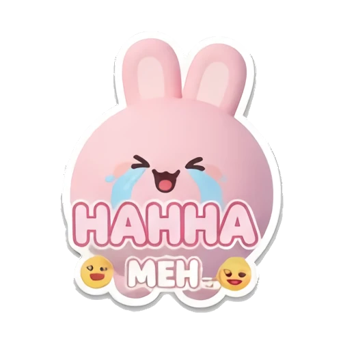 Pink bunny laughing and crying with HAHHA MEH text. Pink Bunny Daily Moods sticker for expressive chats and social replies.