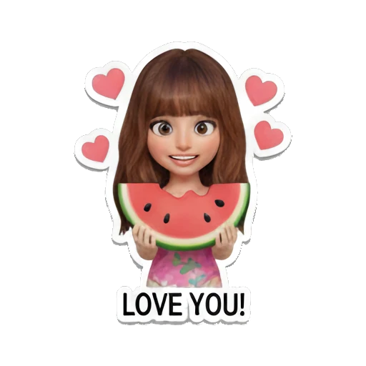 Girl holding a watermelon slice, loving, text LOVE YOU Summer Vacation Girl sticker for expressive chats and social replies.