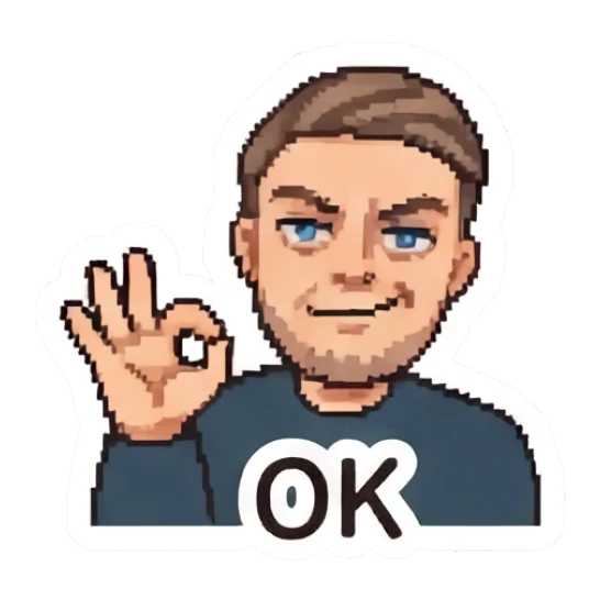 Young man making an OK gesture with a confident smirk. Pixel Guy Daily Vibes sticker for expressive chats and social replies.
