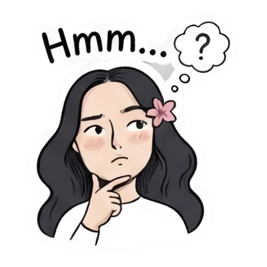 Girl thinking with hand on chin, text Hmm... Charming Girl Daily Expressions sticker for expressive chats and social replies.