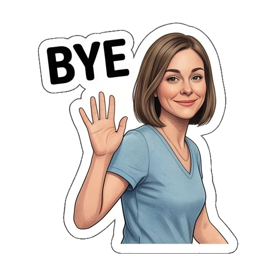 Woman waving goodbye with 'BYE' text Everyday Office Lady sticker for expressive chats and social replies.