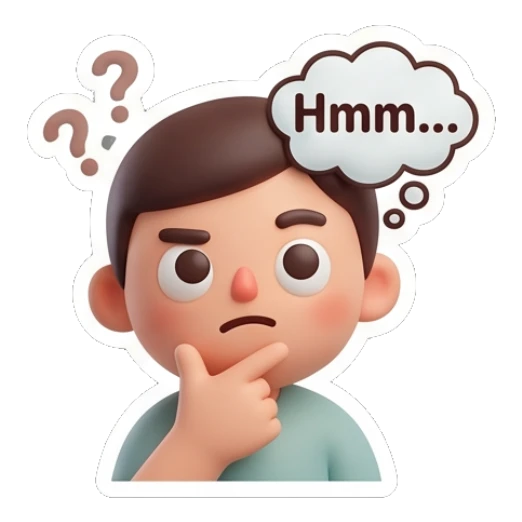 Thoughtful boy resting chin on hand with Hmm text. Cute Boy Daily Expressions sticker for expressive chats and social replies.