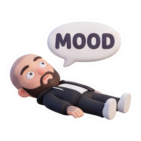 Bearded man lying flat on the ground, text MOOD Bearded Guy Daily Vibes sticker for expressive chats and social replies.