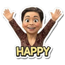 Middle-aged woman cheering with HAPPY text Cheerful Middle-Aged Woman Expressions sticker for expressive chats and social replies.
