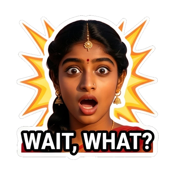 Surprised Indian girl with wide eyes saying Wait What Indian Girl Expressions sticker for expressive chats and social replies.