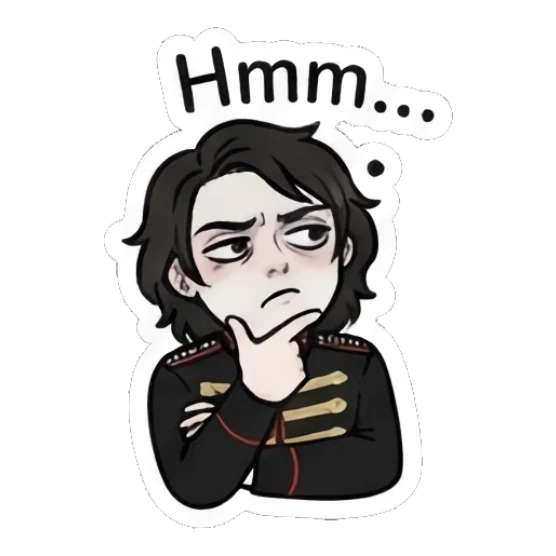 Rocker boy thinking with hand on chin, 'Hmm...' text. Emo Rocker Daily Vibes sticker for expressive chats and social replies.