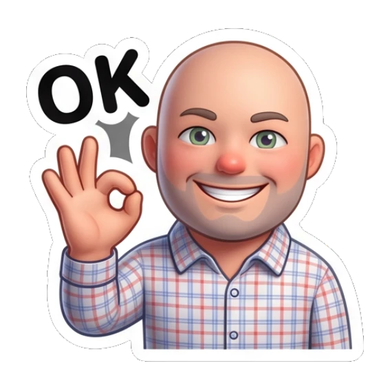 Bald man making an OK gesture with a happy smile. Bald Guy Daily Vibes sticker for expressive chats and social replies.