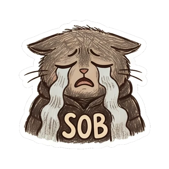 Sad cat crying with flowing tears and text SOB. Furry Doodle Cat Daily sticker for expressive chats and social replies.