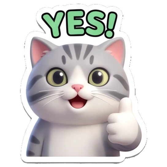Happy tabby cat giving a thumbs up with text YES! Cheerful Tabby Cat Daily sticker for expressive chats and social replies.
