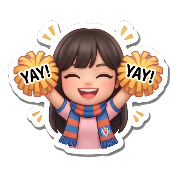 Girl cheering with pom-poms and YAY text, excited expression Soccer Girl Daily Life sticker for expressive chats and social replies.