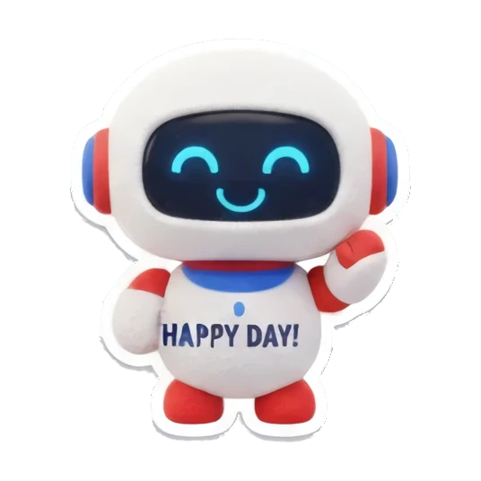 Happy robot waving hello Mini Bot Emotions sticker for expressive chats and social replies.
