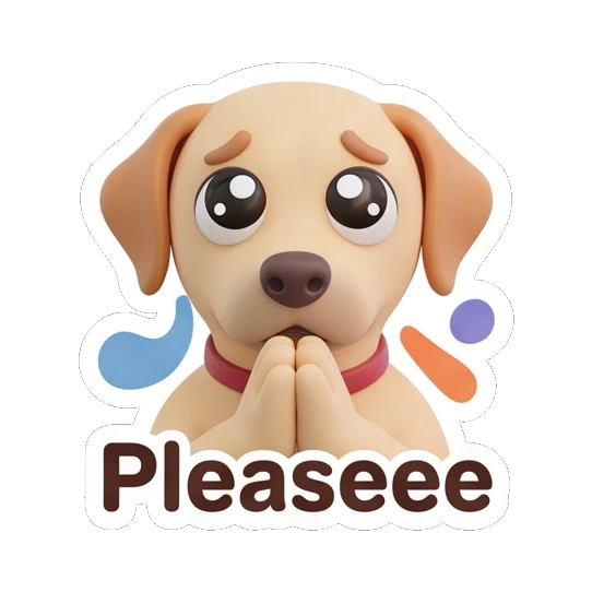 Labrador looking pleading with big watery eyes, text Pleaseee Cheerful Labrador Daily sticker for expressive chats and social replies.