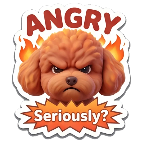 Poodle looking angry with fire background. Poodle Pals Daily sticker for expressive chats and social replies.