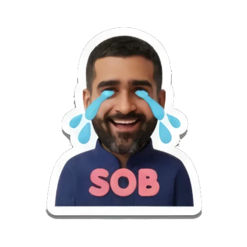 Bearded man crying with blue tears with text SOB Cheerful Bearded Professional sticker for expressive chats and social replies.