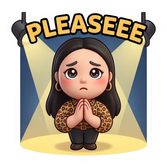 Girl praying with pleading eyes, spotlight, text Pleaseee Cinema Diva Daily Life sticker for expressive chats and social replies.
