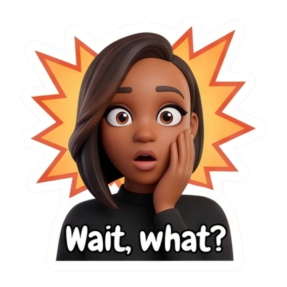 Shocked woman with hands on cheeks, text says Wait what. Modern Chic Expressions sticker for expressive chats and social replies.