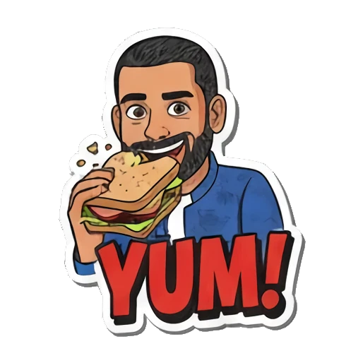 Yum! 吃汉堡，表示美味或享受 Bearded Guy's Cartoon Vibes sticker for expressive chats and social replies.