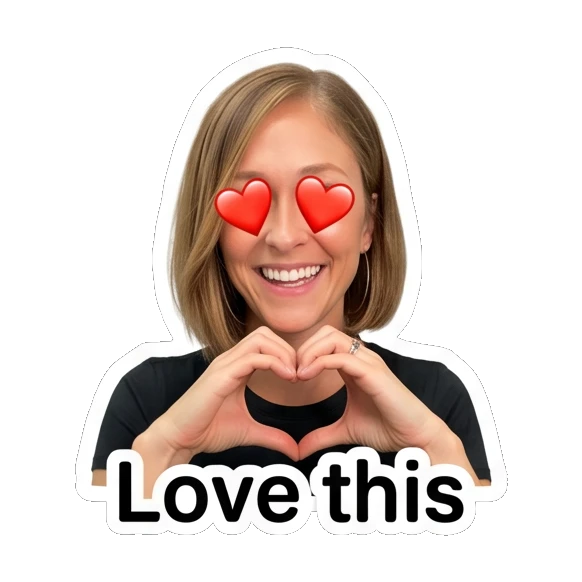 Woman making a heart shape with hands and 'Love this' text Everyday Vibes with Sarah sticker for expressive chats and social replies.