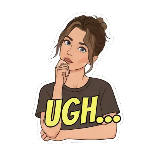 Thinking 'UGH...' with a lightbulb Young Woman's Expression Pack sticker for expressive chats and social replies.