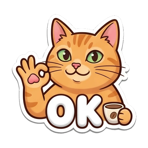 Orange cat making OK gesture with coffee cup, text OK Puffy Orange Cat Moods sticker for expressive chats and social replies.
