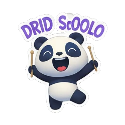 Panda playing drums with drumsticks and DRUM SOLO text Rocking Panda Band sticker for expressive chats and social replies.
