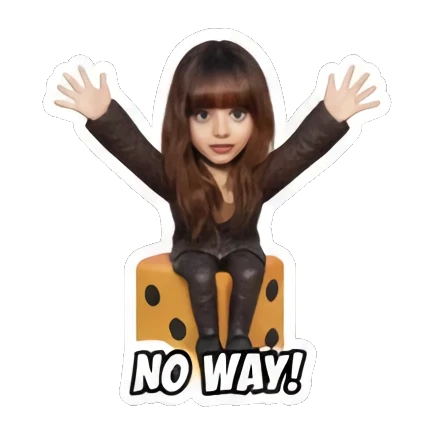 Gamer girl sitting on a giant die with hands up and 'NO WAY!' text, shocked. Gamer Girl Adventures sticker for expressive chats and social replies.