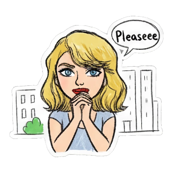 Blonde girl praying with city background and text Please Blonde Girl Doodle Diary sticker for expressive chats and social replies.