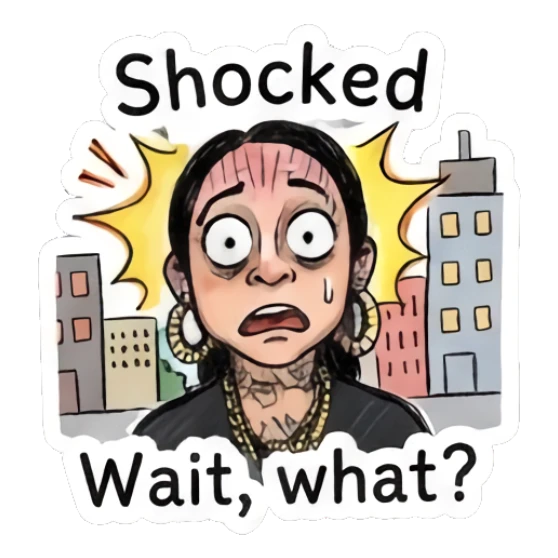 Girl looking shocked with wide eyes, city buildings background. Doodle Girl Vibes sticker for expressive chats and social replies.