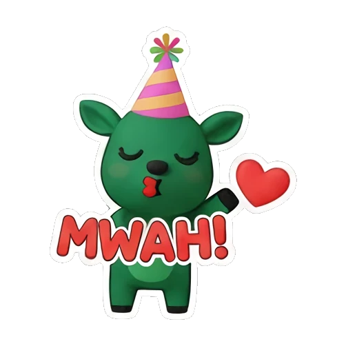 Green deer wearing party hat blowing a kiss with MWAH text Green Deer Joyful Adventures sticker for expressive chats and social replies.