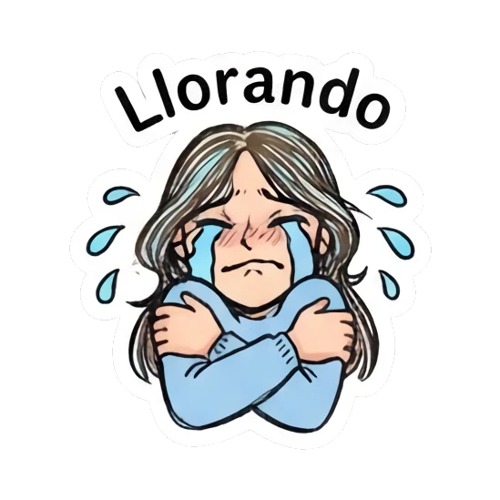 Girl crying while hugging herself, text 'Llorando' Daily Doodle Girl Vibes sticker for expressive chats and social replies.