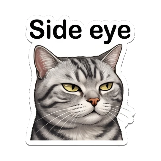 Skeptical tabby cat giving a side eye with text Side eye Fluffy Tabby Moods sticker for expressive chats and social replies.