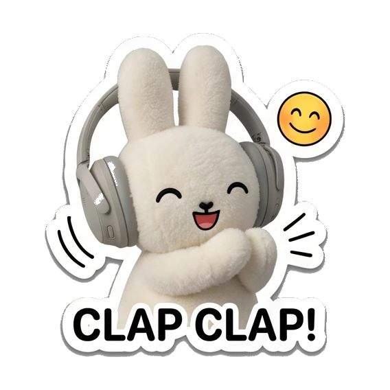 Bunny clapping hands happily saying CLAP CLAP Music Loving Bunny sticker for expressive chats and social replies.