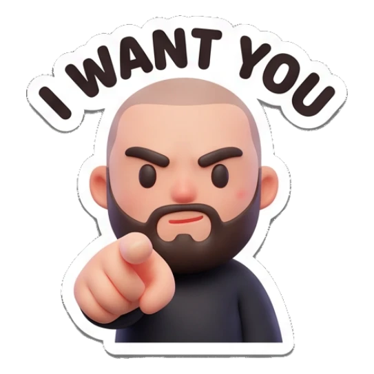 Bearded man pointing forward, text I WANT YOU Bearded Buddy Expressions sticker for expressive chats and social replies.