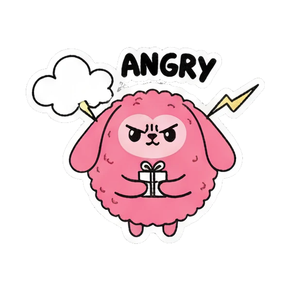 Pink creature looking angry with a storm cloud and lightning Pink Fluffy Buddy sticker for expressive chats and social replies.