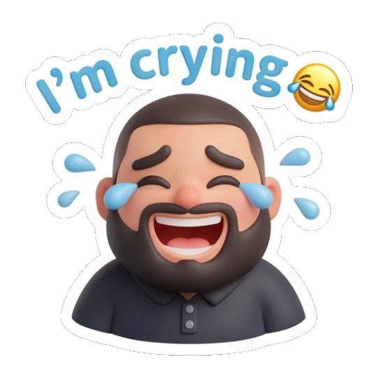Bearded man laughing with tears of joy. Bearded Buddy Expressions sticker for expressive chats and social replies.