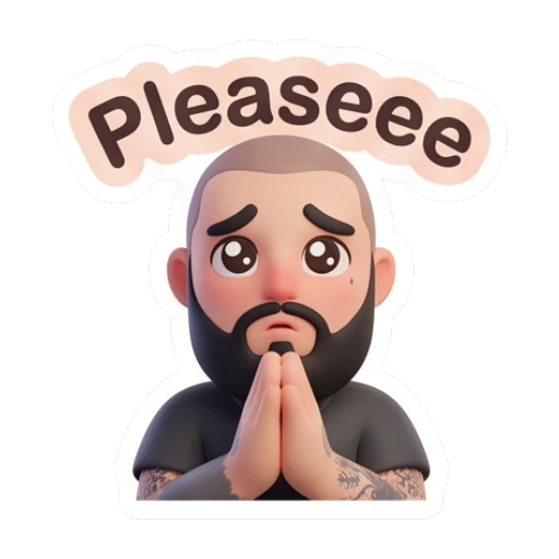 Bearded man pleading with hands together, text Pleaseee Bearded Guy Daily Moods sticker for expressive chats and social replies.