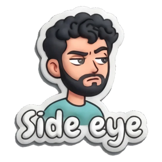 Man giving a skeptical side-eye look with 'Side eye' text. Curly Beard Guy Daily Vibes sticker for expressive chats and social replies.
