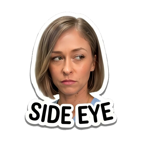 Woman looking sideways with skepticism, text SIDE EYE Everyday Expressions of Sarah sticker for expressive chats and social replies.