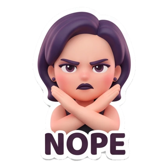 Firm girl crossing arms to say no with text NOPE Modern Chic Girl Expressions sticker for expressive chats and social replies.