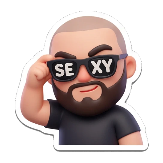 Bearded man wearing sunglasses, text SEXY Bearded Buddy Expressions sticker for expressive chats and social replies.