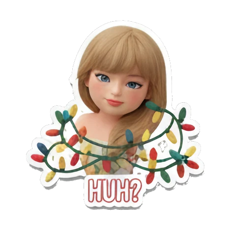 Blonde girl tangled in colorful Christmas lights, text HUH? Festive Blonde Holiday Vibes sticker for expressive chats and social replies.