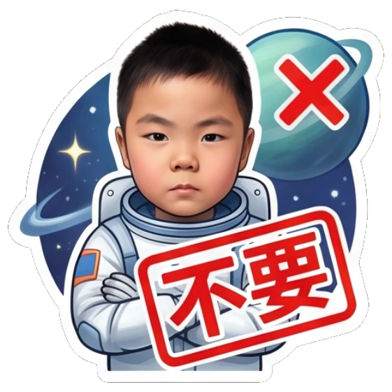 Boy in astronaut suit making a stop gesture, labeled '不要'. Little Astronaut Daily sticker for expressive chats and social replies.